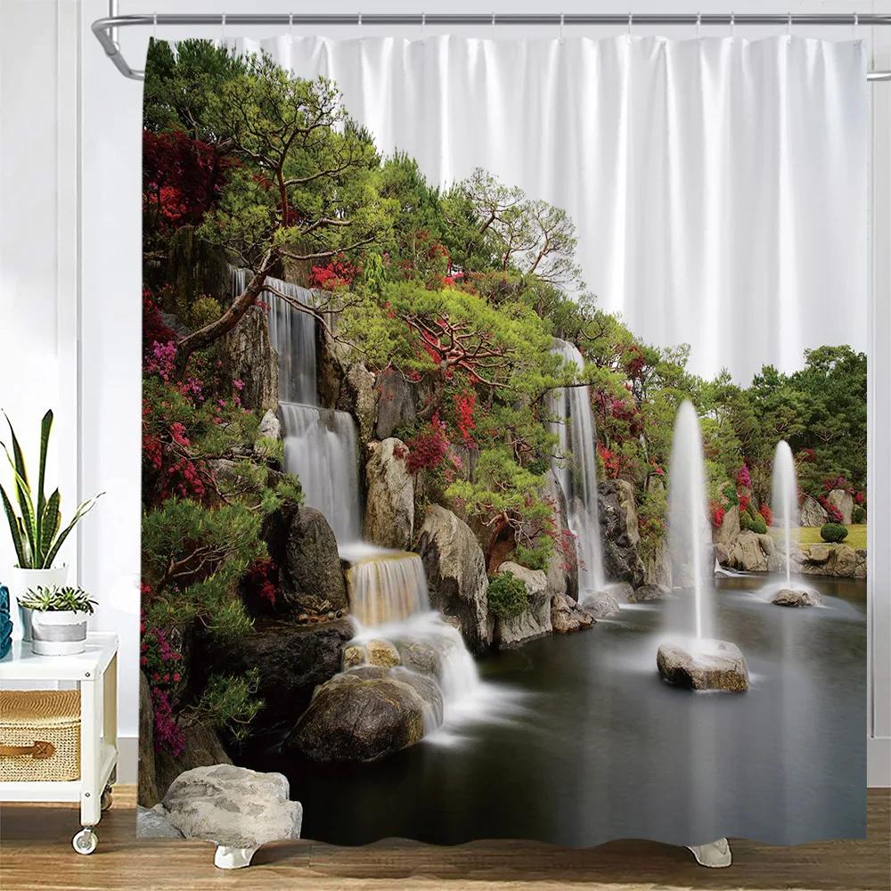 Scenic Forest Waterfall Shower Curtain Tropical Jungle Plants Trees Lake Nature Landscape Wall Hanging Bathroom Decor Curtains
