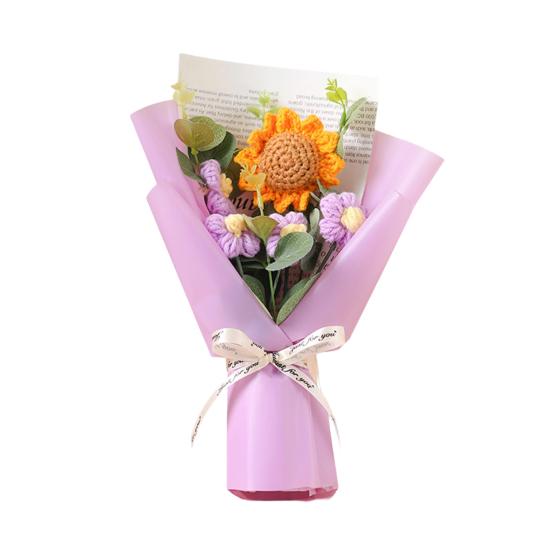 Crochet Flower Bouquet Handmade Knitted Positive Sunflower Artificial Yarn Flower Bouquet Gift for Mother's Day Valentine's Day Anniversary