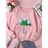 Kids Unisex Crewneck Sweatshirt, Cartoon Green Umbrella With Rain Drops Print Soft Fleece Pullover For Kids Over 4 Years Old