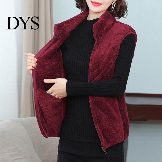 Women Sleeveless Waistcoat Autumn Winter Solid Color Plush Stand Collar Flush Vest Coat Pockets Zipper Placket Thickened Double Sides Fleece