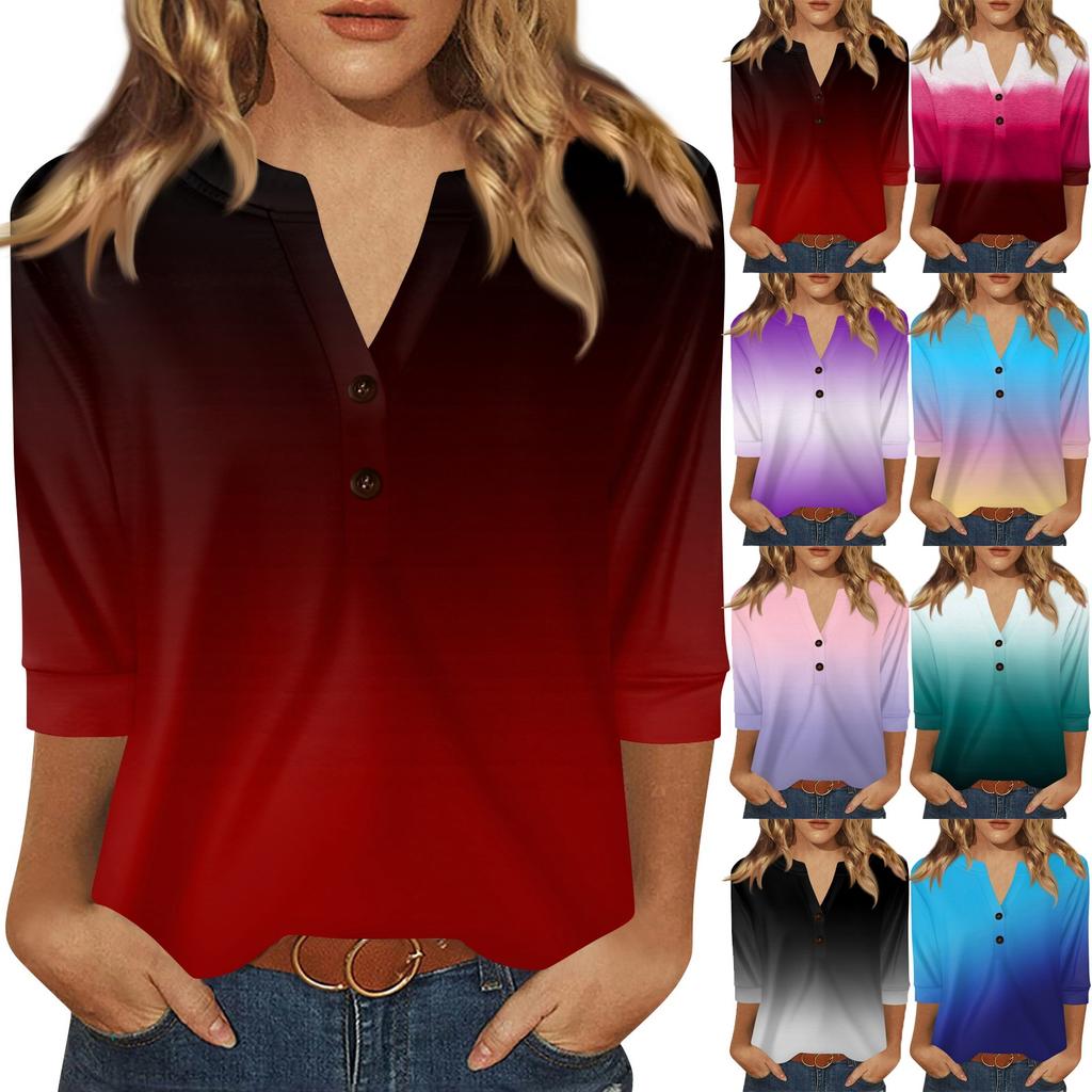 Damen T-Shirt mit Aufdruck, Knopfleiste, 3/4-Ärmel, für den Alltag, Wochenendmode, Basic, V-Ausschnitt, normales Oberteil