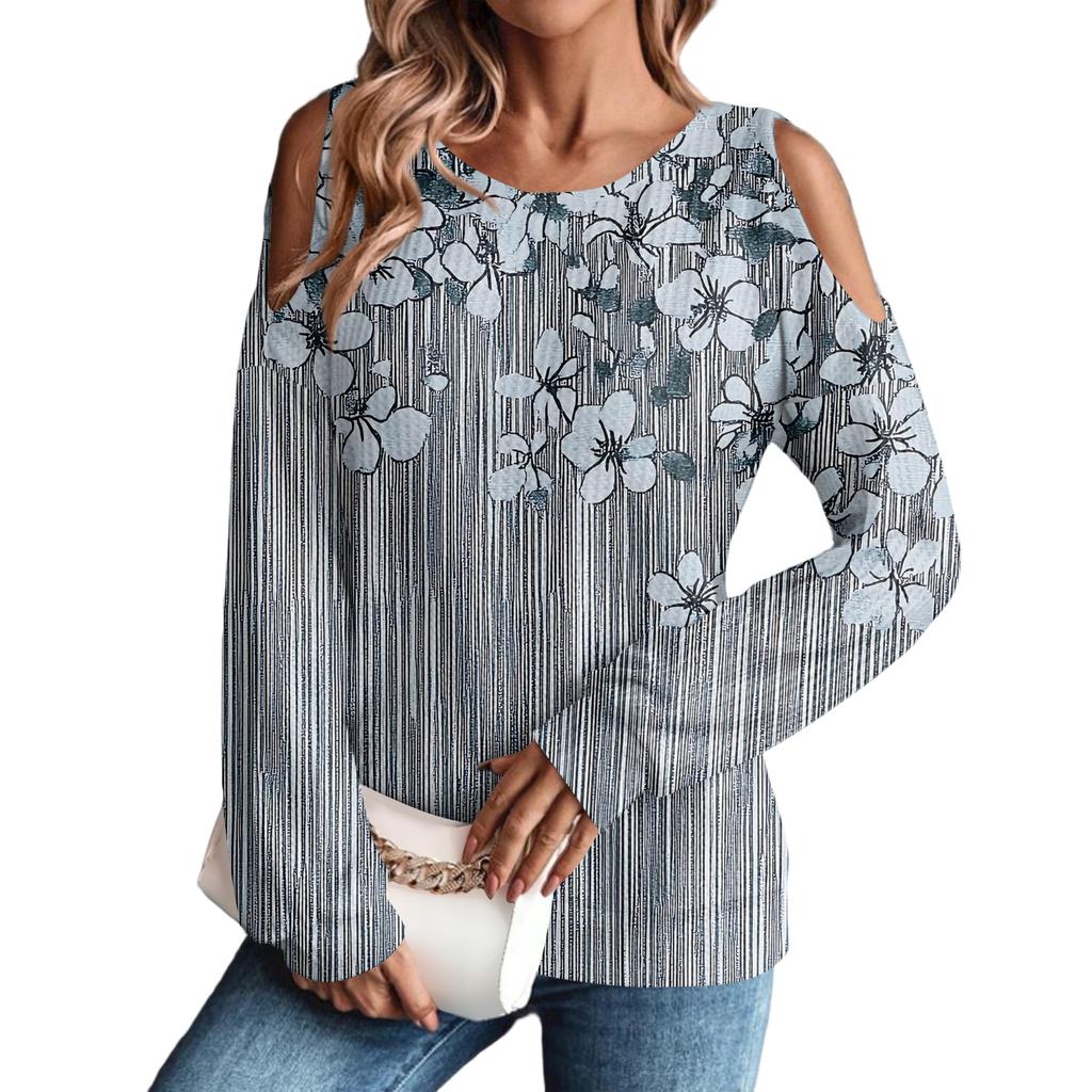 Women's Winter Oversized T-Shirt Fashionable Off-the-Shoulder Round Neck Vintage Floral Print Pullover Long-Sleeved Top