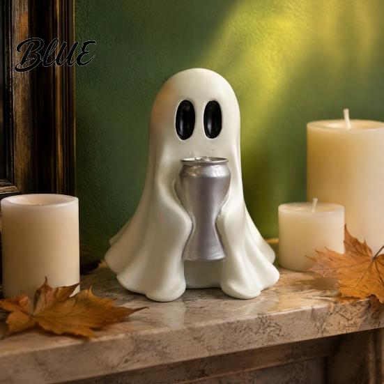Halloween Themed Home Decor Ghost Figurine with Drinks Resin Statue Cute Spooky Desktop Table Ornament for Party Tabletop Decorations And