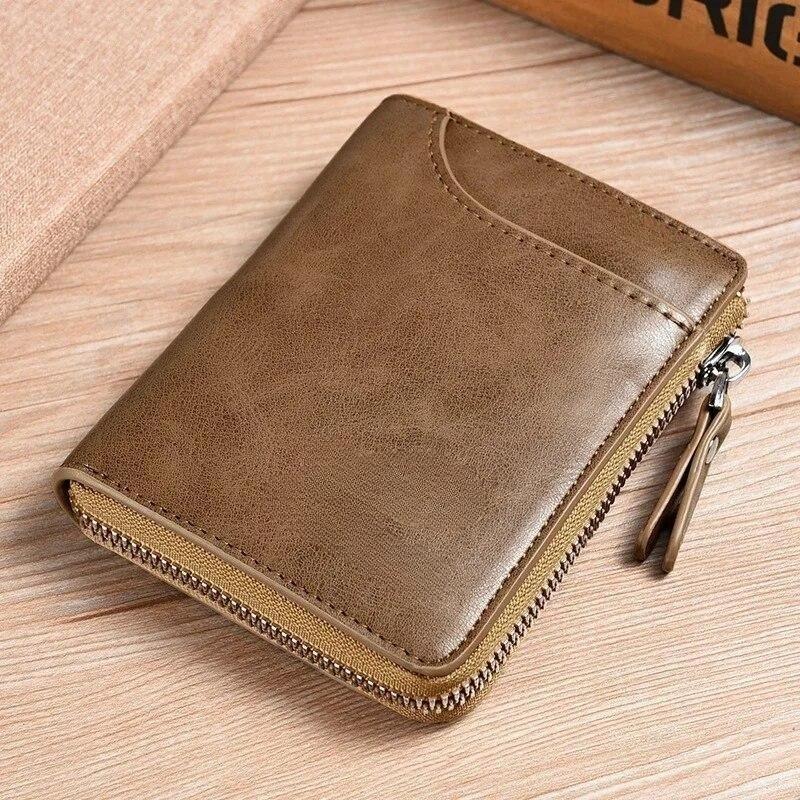 Men's Vintage Oil Wax Leather Zipper Wallet RFID Blocking Short Purse Multi Card Holder Business Casual Coin Pocket Credit Card Wallet for Men