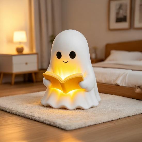 Cute Ghost Reading Book Lamp, 3D Halloween Ghost Night Light, Warm Light Up Ghost Statue for Indoor Home Mantel Shelf Table Decor