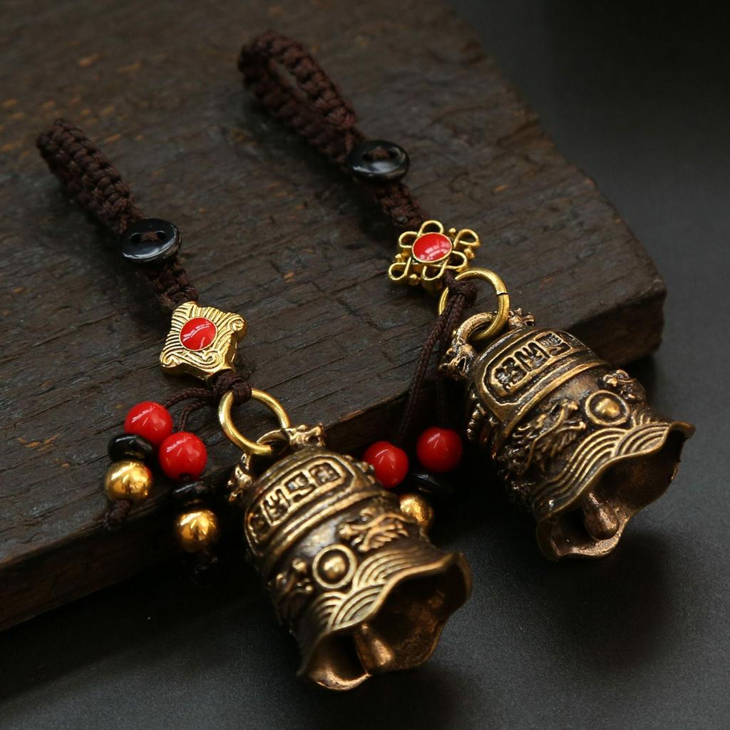 Brass Double Dragon Bell, Retro, Vintage, Car Key Bag Pendant, Handmade Rope, Craftsmanship, Five Emperor Money Accessory