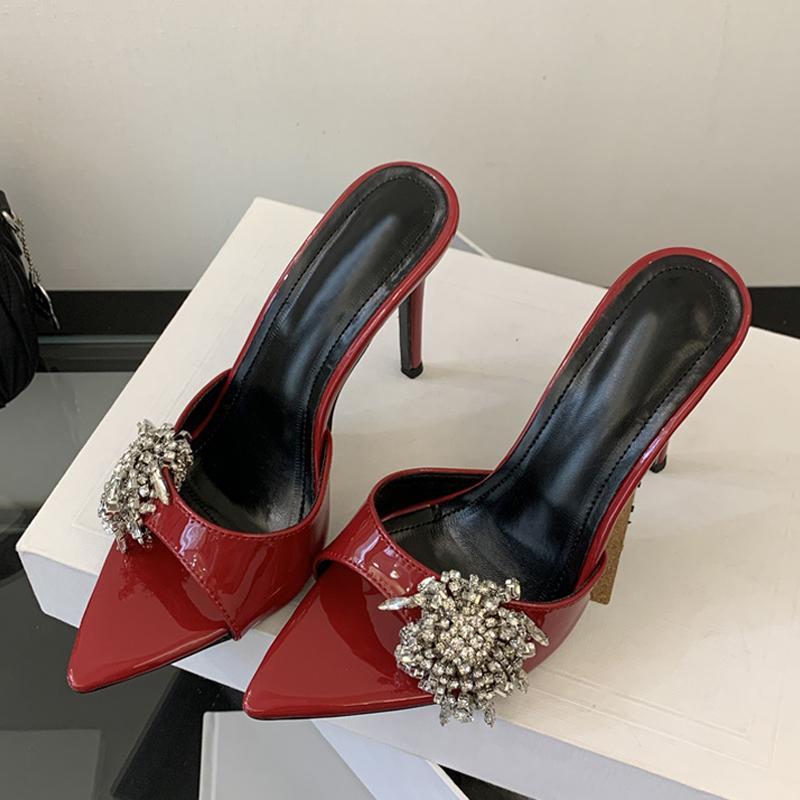 Designer Red Patent Leather Women Slippers Sandals Sexy Pointed Open Toe Rhinestone High Heels Summer Party Dress Shoes