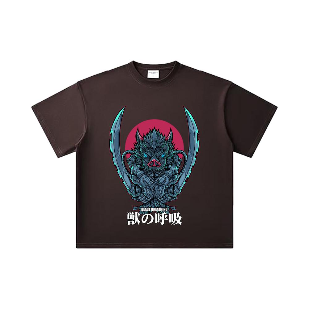 260 GSM Double Yarn 32 Count 100% Cotton Demon Slayer V29 Inosuke Print Unisex Heavy Cotton T Shirt