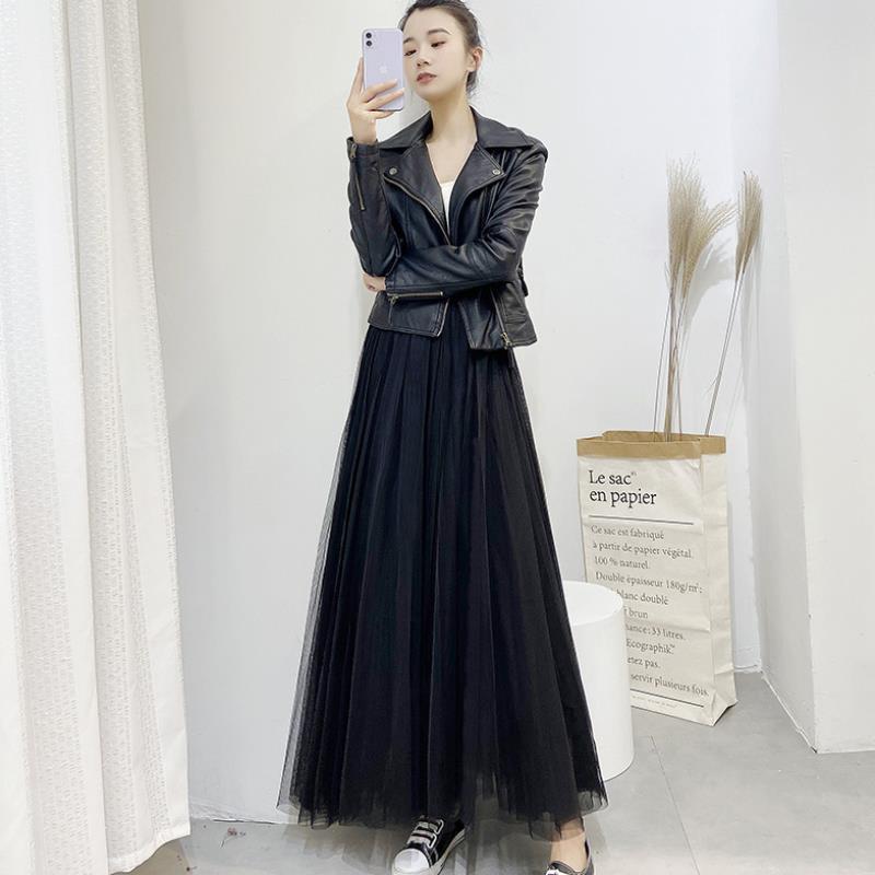 Skirt Mesh Skirt High Waist Female Medium and Long Pleated Thin Black and White Long Skirt Fairy Skirt
