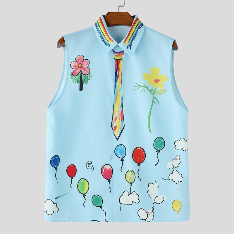 INCERUN Mens Casual Sleeveless Shirt Lapel Collar Button Down Funny Cartoon Graffiti Print Holiday Tank Tops