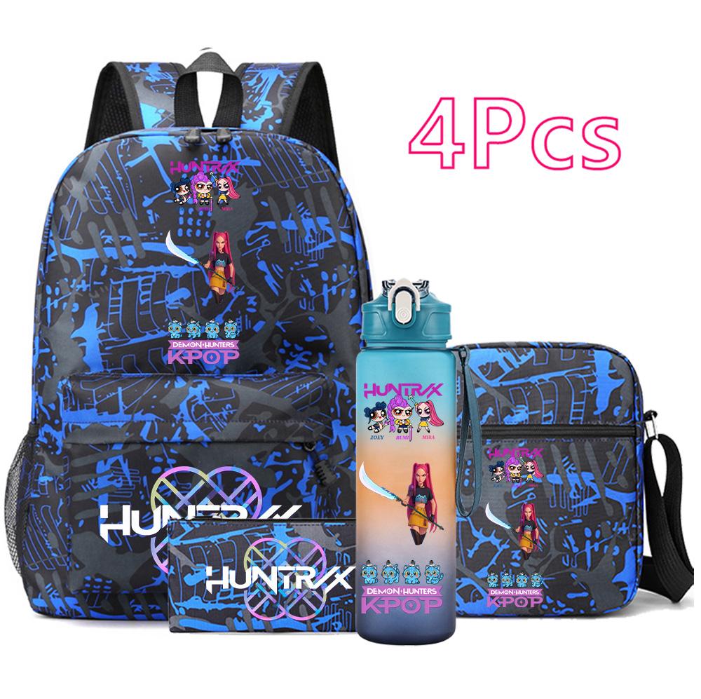 4Pcs/set Anime Demon Hunters Printed Backpack Bookbag Shoulder Bag Case Bag with 750Ml Water Bottler for Boy Girl Large Capacity Schoolbag