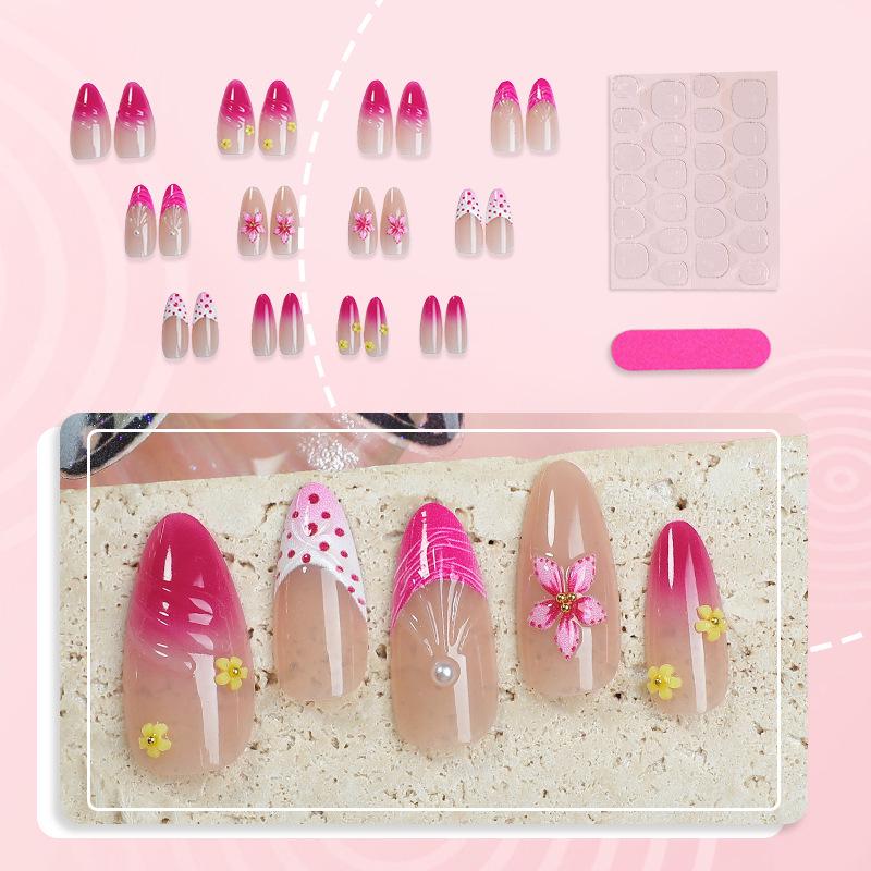 24pcs Pink Gradient Almond Nails with 3D Seashell Flowers and Rhinestone Pearls