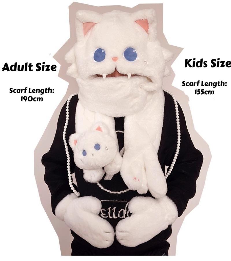 Lovely Cat Animal Hat Faux Fur Hooded Scarf Winter Thickened Cute Furry Ears Paw Gloves Hoodie Beanie Cap for Women Girls Lolita