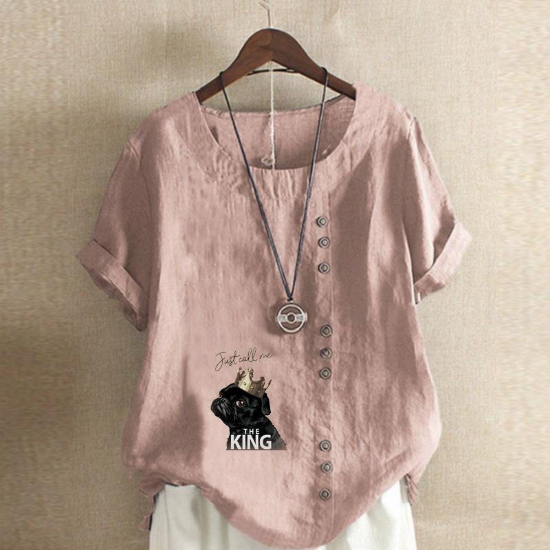 Women's Fashion Dog Letter Prined Round Neck Short Sleeve T-shirt Casual Cotton Linen Graphic Shirt Leisure Loose Summer Blouse Tops