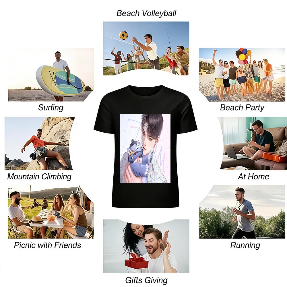 Cool Handsome Anime Boy Holding Cat Print T-Shirt Trendy Ins Style Loose Casual Unisex Top Pure cotton T-shirt