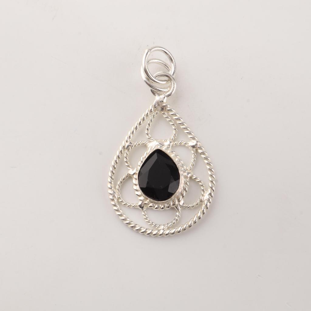 Black Onyx Gemstone 925 Sterling Silver Handcrafted Women Pendant 1.40" For Gift PP-19-36
