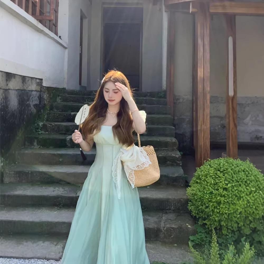 Romantic Mori French long dress waist holiday thin gradual change gentle dress fairy mint new temperament skirt