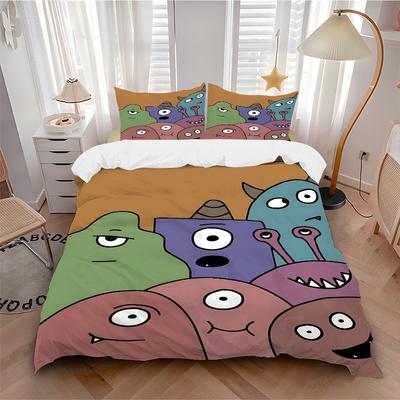 3pcs Monster, Cartoon Bedding Set, Breathable and Soft, Suitable for All Seasons, Ideal for Home Use, Suitable for Bedroom Decor 21132