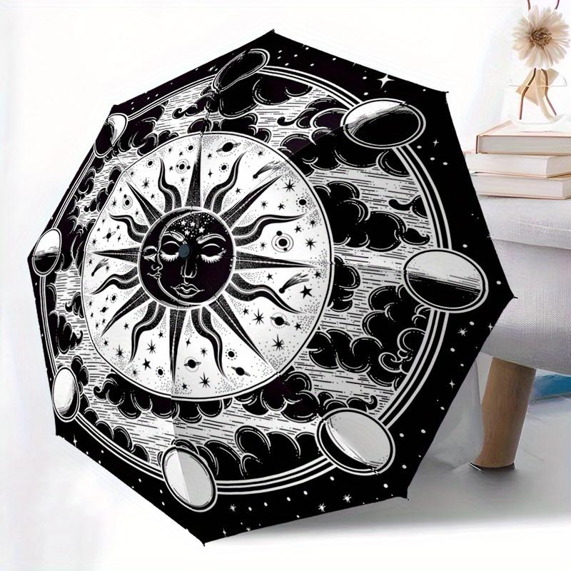1pc Automatic Open/Close Umbrella with Solar System - Black & White Celestial design, Automatic Folding Compact Umbrella with