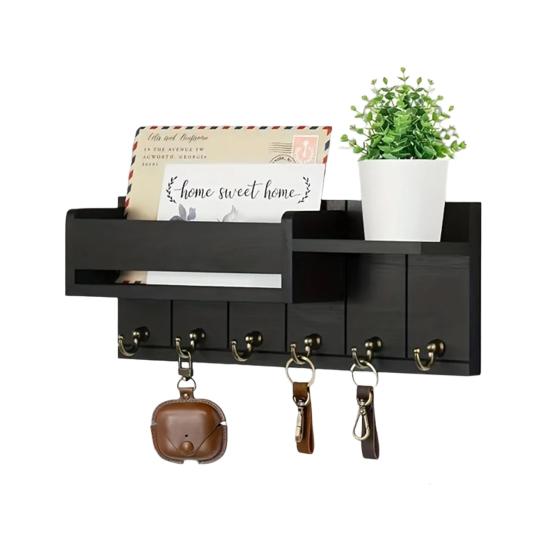 Wooden Home Key Holder with 6 Hooks Open Shelf Rustic Wall Mount Key Organizer Multi-purpose Home Office Entryway Decorative Key Hanger