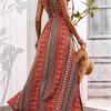 Strap Print Dress Women A line Sleeveless Waist Deep V Spring Summer S-XL