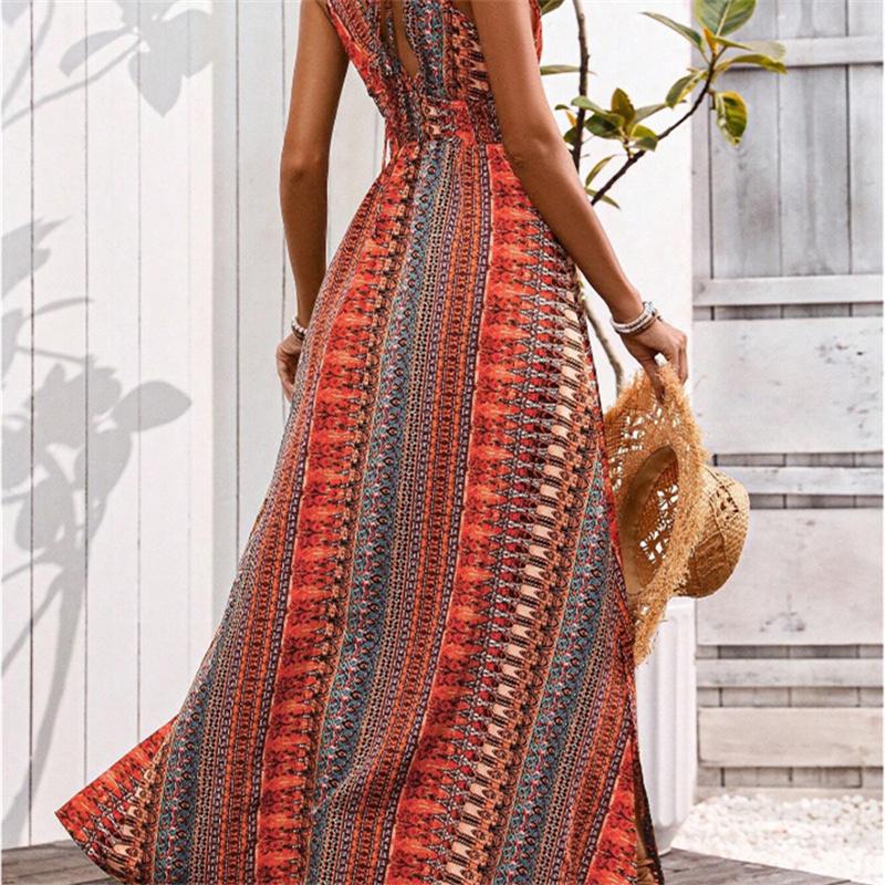 Strap Print Dress Women A line Sleeveless Waist Deep V Spring Summer S-XL