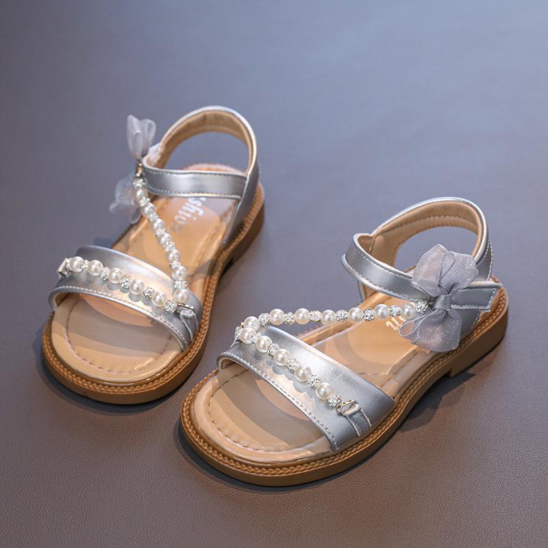 

Girls Sandals Open Toes with Sweet Beading Kids Beach Shoes Open Toes Non-slip 2025 Summer New Children Princess Shoes Lace Bows 26 серебряный