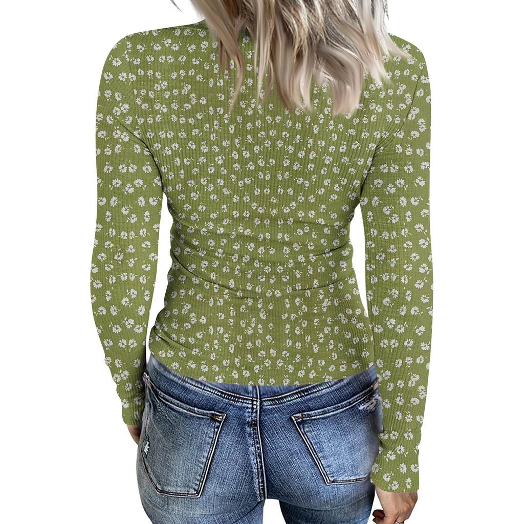 Damen Winter Slim-Fit Baselayer T-Shirt Modischer Druck V-Ausschnitt Pullover Langarm-Top