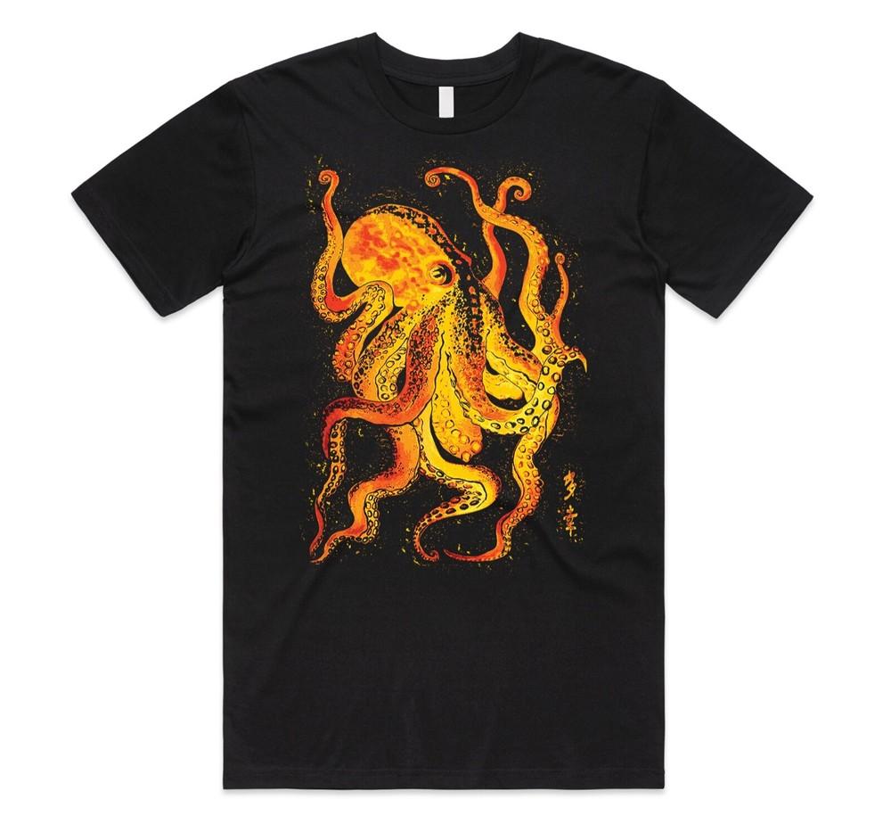 Japanese Octopus T-shirt Tee Retro Vintage Gold Line Art Illustration Gift Squid