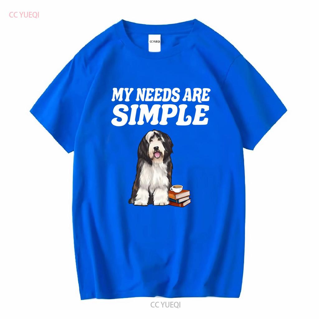 Bearded Collie T-Shirt Meine Bedürfnisse sind einfach Hund Kaffee Lesen Buch Lang- oder Kurzarm Vintage Gewaschen Dehnbar Unisex