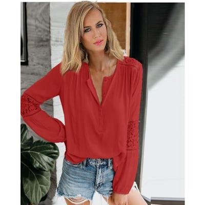 Bluse Top Frühling Spitze Spleißen Hohl Lose Langarm Shirt