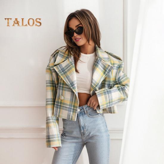 Herbst Winter Damen Jacke Umlegekragen Karomuster Lange Ärmel Locker Cardigan Knopfdekor Englischer Stil Kurzer Typ Oberbekleidung Mantel