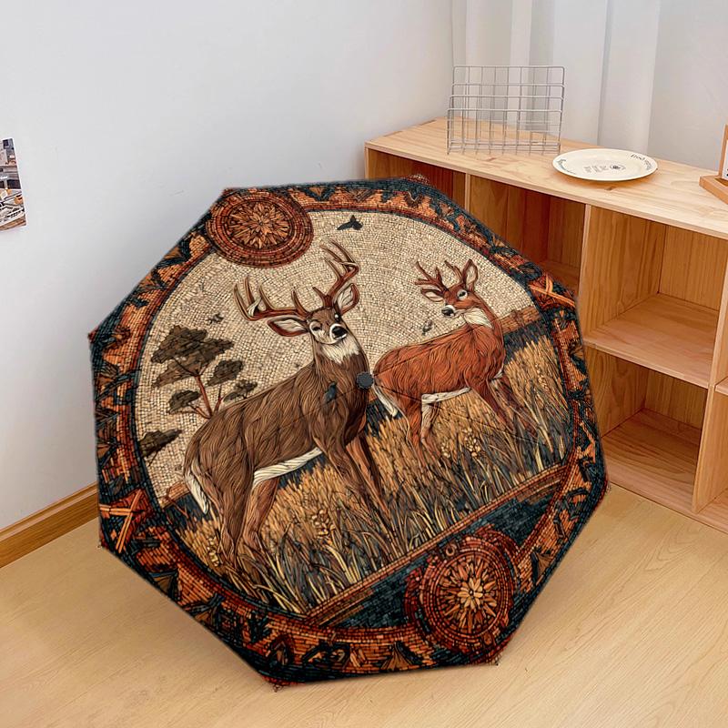 1 Pezzo Ombrello Pieghevole Automatico - Fantasia Cervi della Foresta, Design Portatile e Pieghevole con 8 Stecche, Regali di Natale e Compleanno