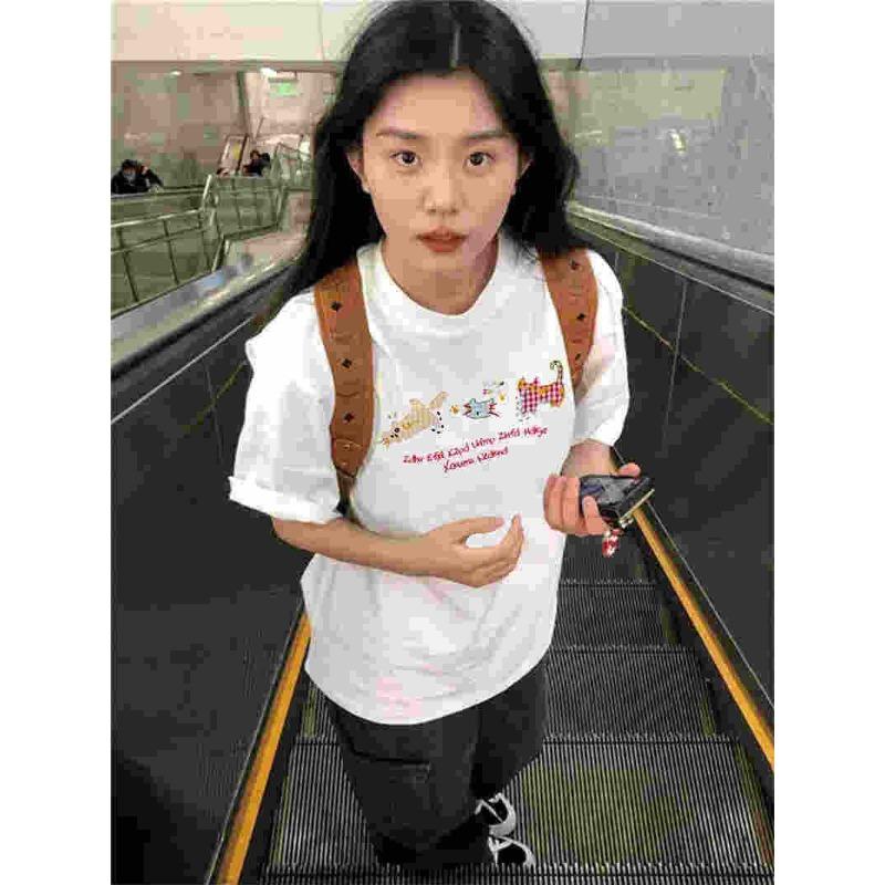 

Летняя Свободная Повседневная Милая Футболка из Хлопка с Принтом Женская Футболка с Коротким Рукавом Женская Харадзюку Винтажный Топ M белый