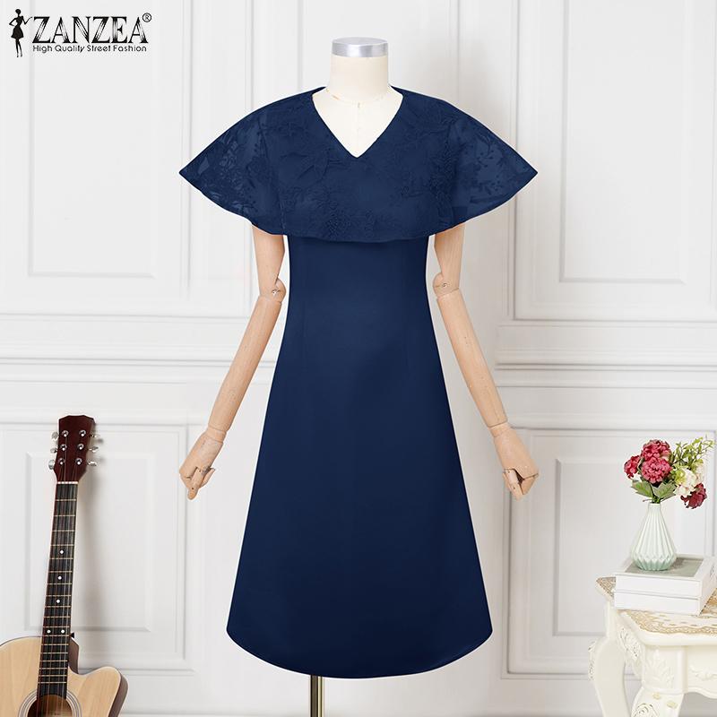 ZANZEA Elegant Women V Neck Short Sleeve Lace Patchwork Smooth A-line Dress Nonelastic
