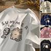 Tricou de primăvară vară pentru femei, cu decolteu O, cu mânecă scurtă, cu model de pisici de desene animate
