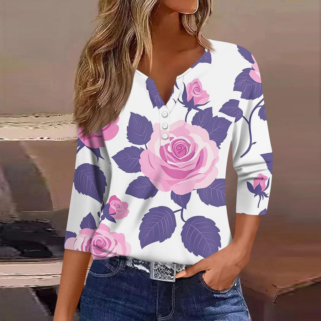Women's T Shirt Tee Print Button 3/4 Sleeve Daily Weekend Fashion Basic V Neck Regular Top