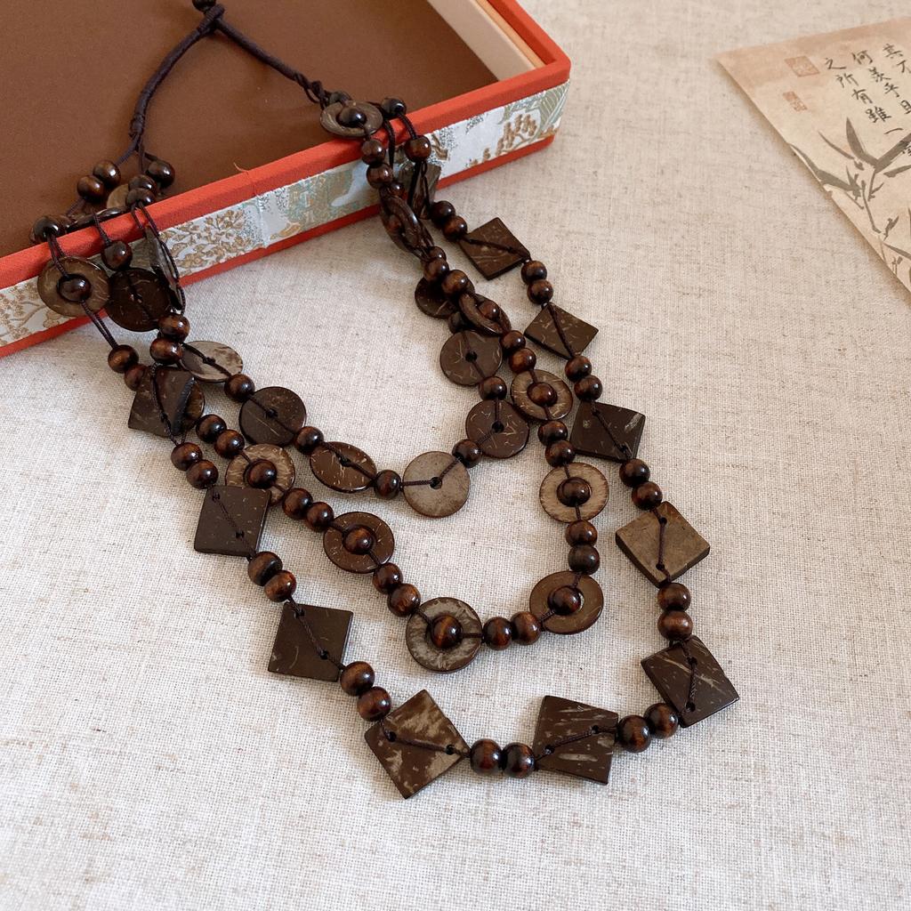 Bohemian Multi-layer Wood Bead Coconut Shell Flower Necklace Accessories Women's Exaggerated Sweater Chain Light Luxury Premium Sense Accessories