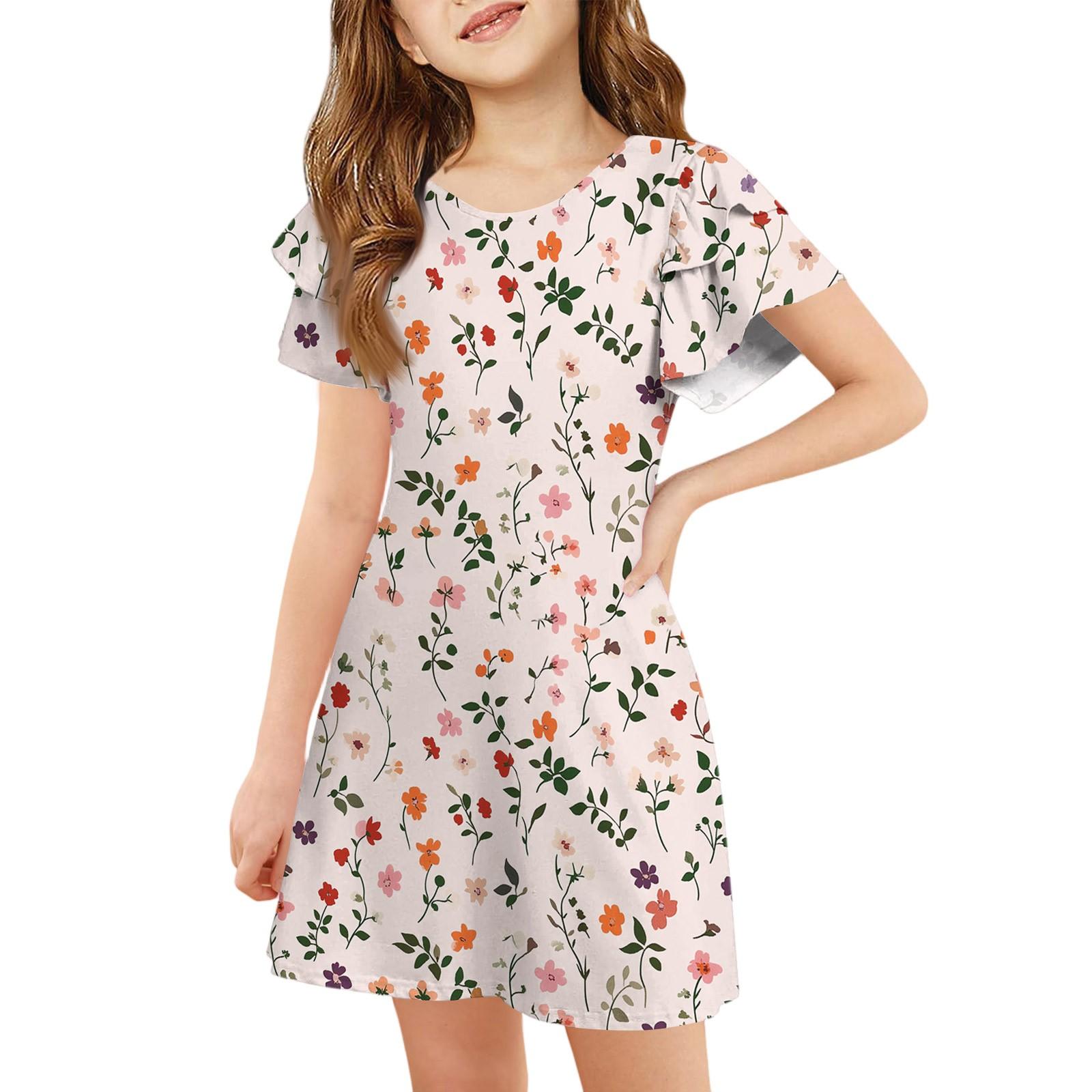 Girls  Ruffle Sleeve Dress - Round Neck Printed Sundress 140