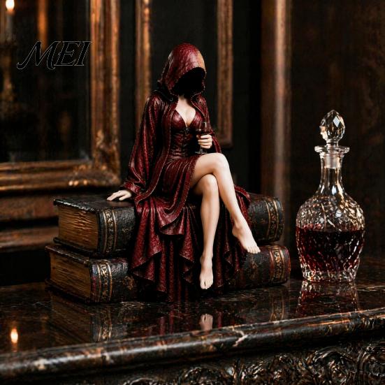 Hand Painted Resin Crafts Hooded Midnight Reader with Wine Statue, Gothic Dark Fantasy Faceless Shadow Home Decor Collectibles Figure, Sitting Mystery