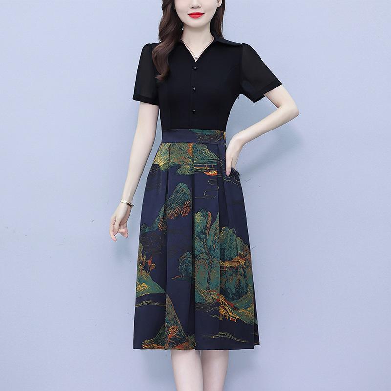 

Женское летнее платье А-силуэта с короткими рукавами - Новый стиль, Приталенное, Миди 2XL