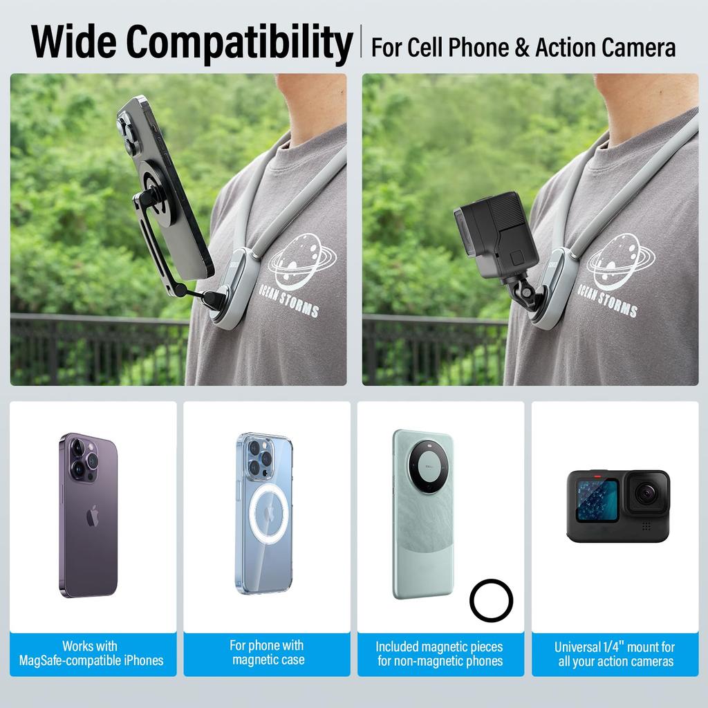 SIRUI Magnetic Neck Mount for POV Necklace Mount Vlogging Accessories for Android GoPro Hero Insta360 Action Cameras Phones, Hands-Free iPhone,