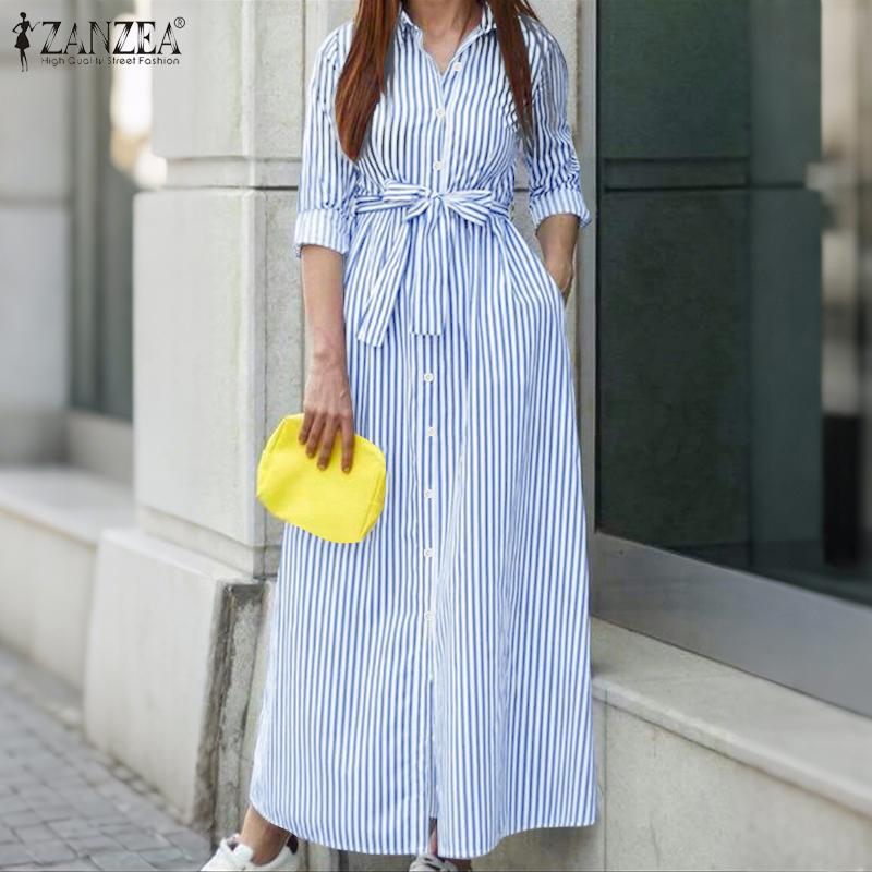 ZANZEA Women Turn Down Collar Casual 3/4 Sleeve Loose Stripe Dress