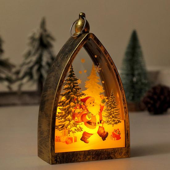 Vintage Christmas Ornament House Shape Santa Claus Deer Snowman Statue Night Light Glowing Decoration