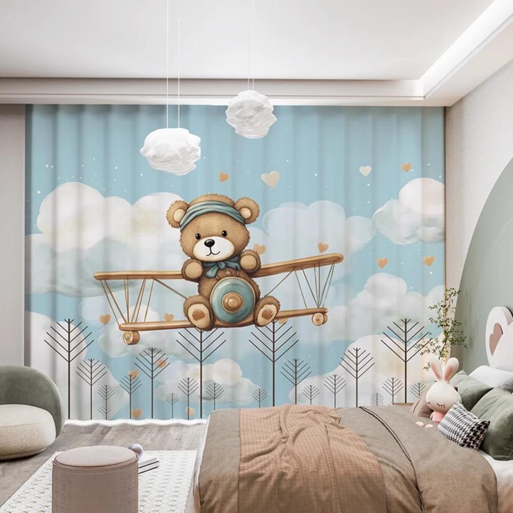 2Pcs Modern Simple Cartoon Cute Animals Bear Rabbit Star Ocean Star Boy Children's Room Decor Semi Blackout Curtain Grommet Top