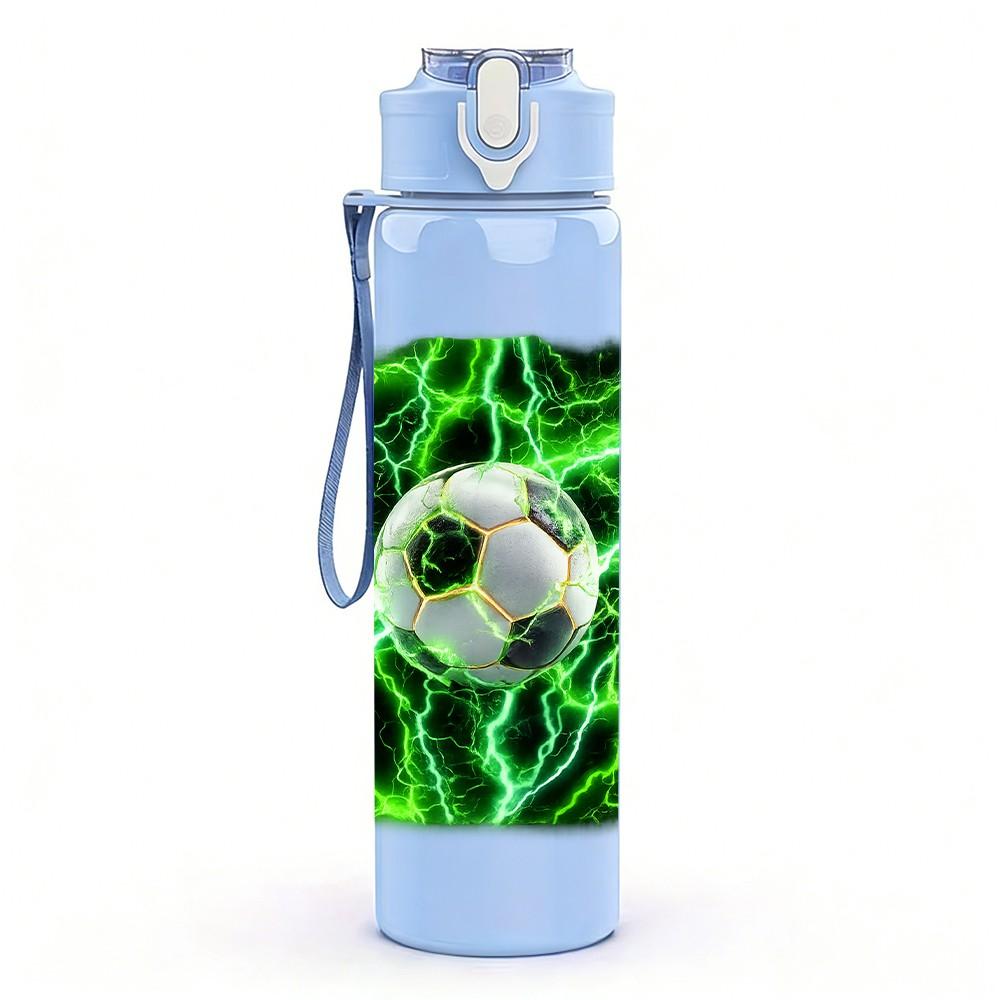 1PC Green Lightning Soccer Ball Print 750ml Color Plastic Sports Water Bottle Leakproof Flip Straw Lid Suitable for Sports Office Home Use
