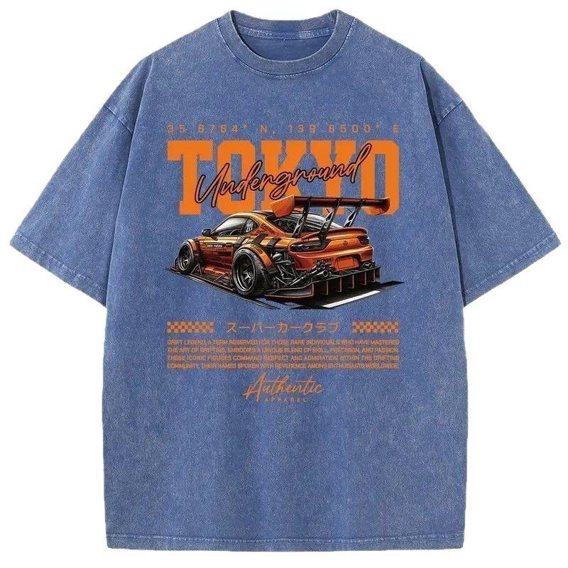 Plus Size Summer Men's Street Racing Graphic Printed Washed and Aged Short Sleeve Hip Hop Men's T-Shirt