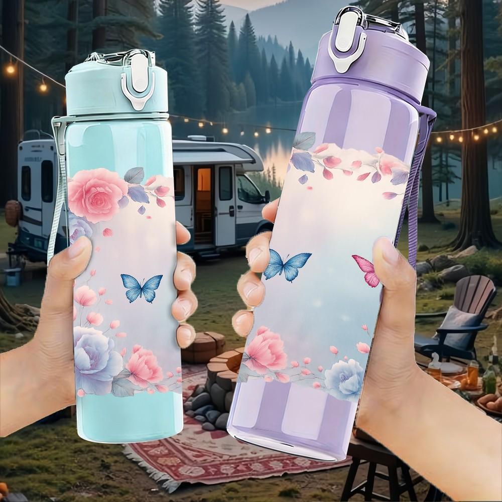 1PC Pink Butterfly Flower Frame Art 750ml Color Plastic Sports Water Bottle Leakproof Flip Straw Lid For Sports Office Home Use