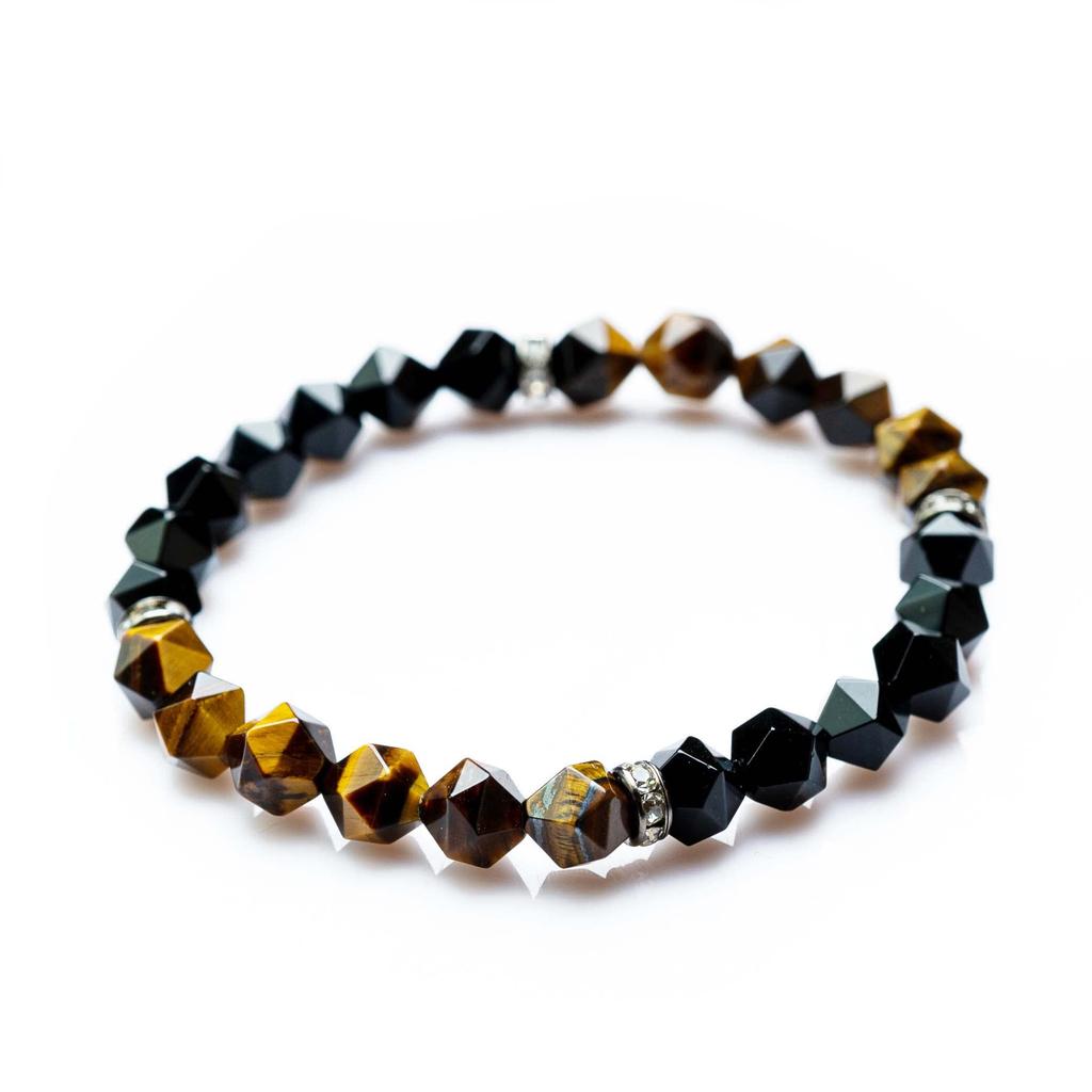Kyojudo Onyx Power Natural Black Onyx Circumference Tiger Eye and Onyx Men's Bracelet, Stone, Star-Cut Onyx, Stone, Amulet, (Inner 18cm, 8mm)