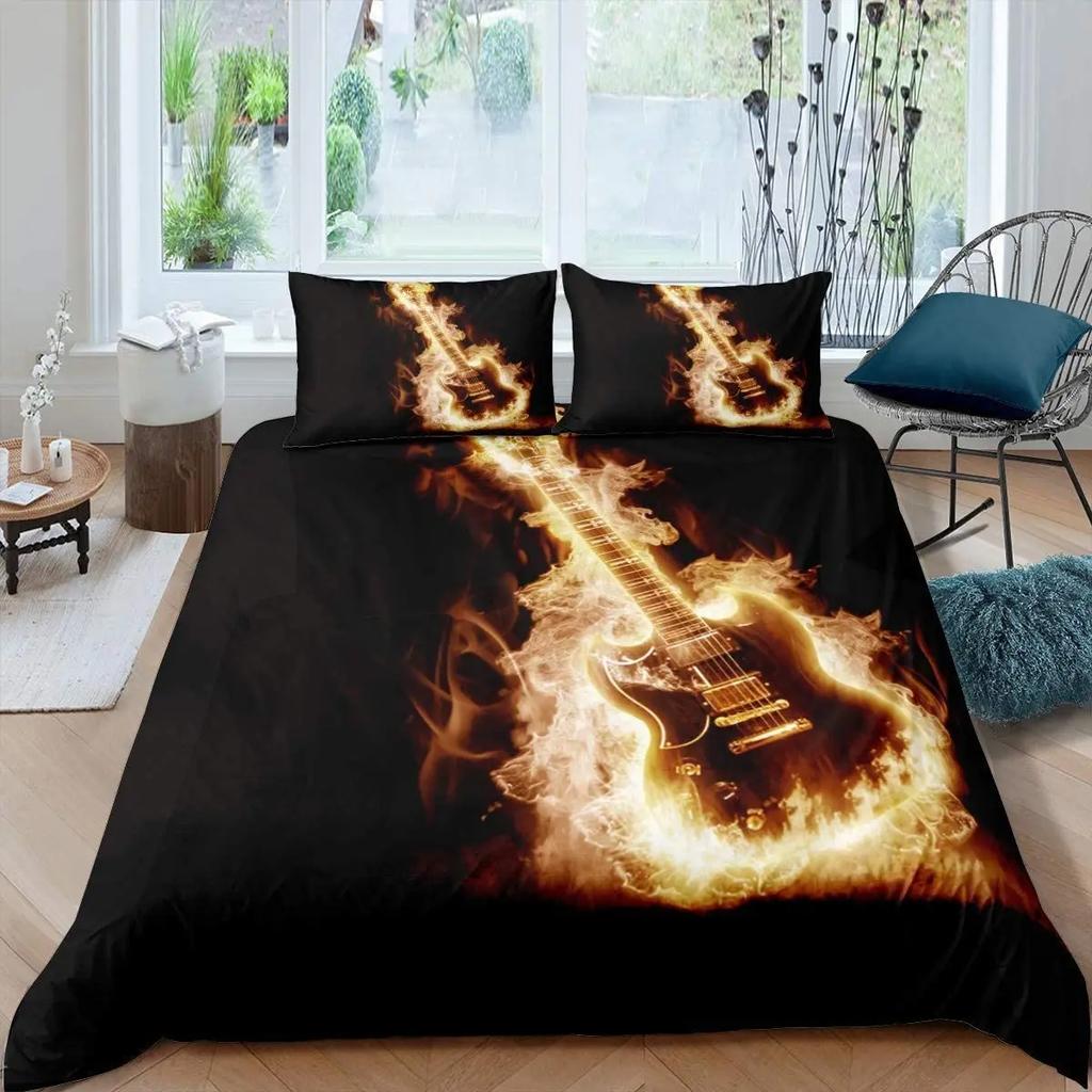 Guitar Duvet Cover Set King Queen Full Size Watercolour Style Polyester Comforter Cover for Kids Boys Girls Teens Bedding Set